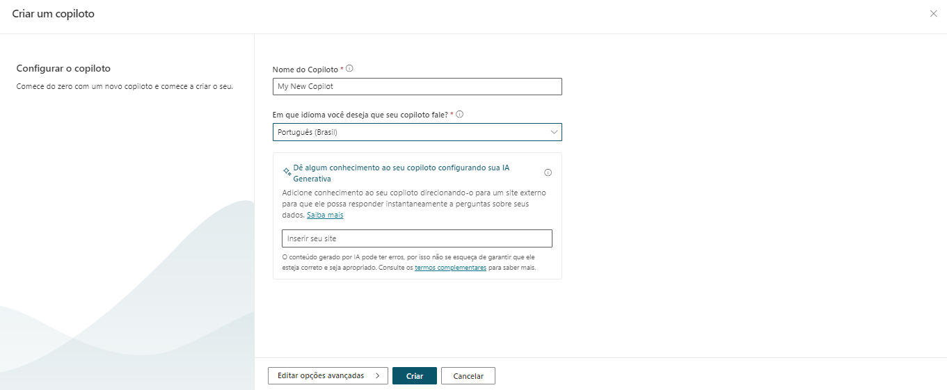 Uma captura de tela que mostra a tela Criar um copiloto do Copilot Studio.
