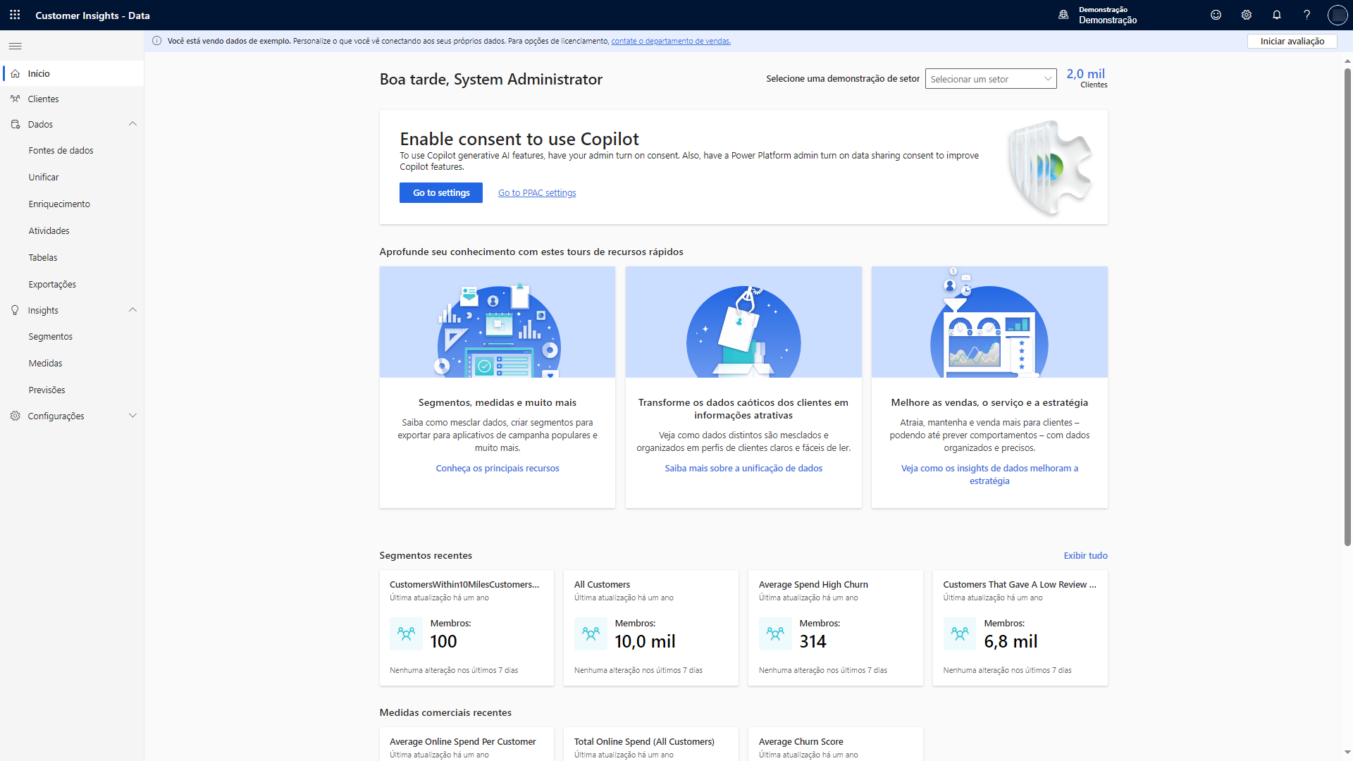 Captura de tela que mostra a tela inicial do Customer Insights - Data.