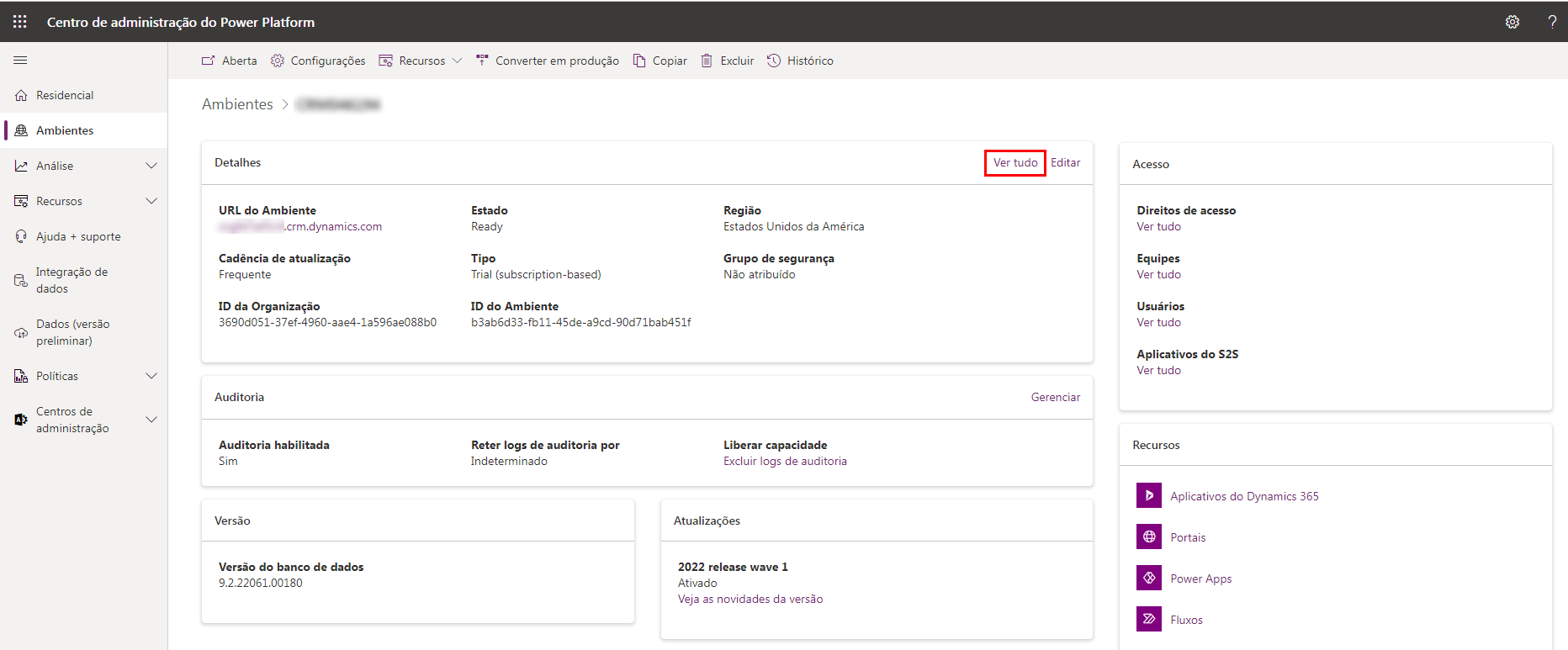 Detalhes do ambiente, conforme exibido no centro de administração.