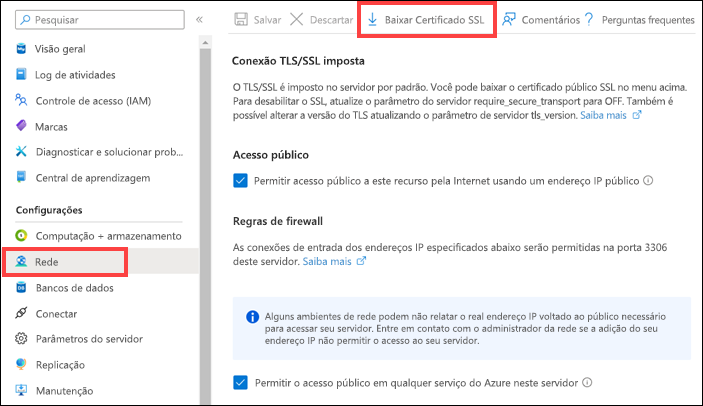 Captura de tela mostrando a folha da rede do Banco de Dados do Azure para MySQL no portal do Azure.