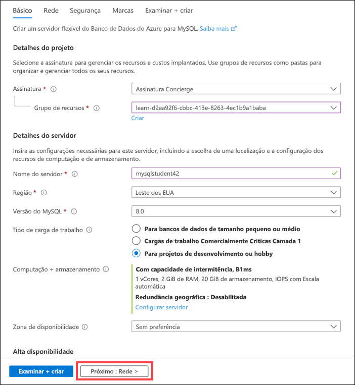 Captura de tela mostrando a folha de criação de Servidor Flexível, com a caixa vermelha ao redor da guia Rede.