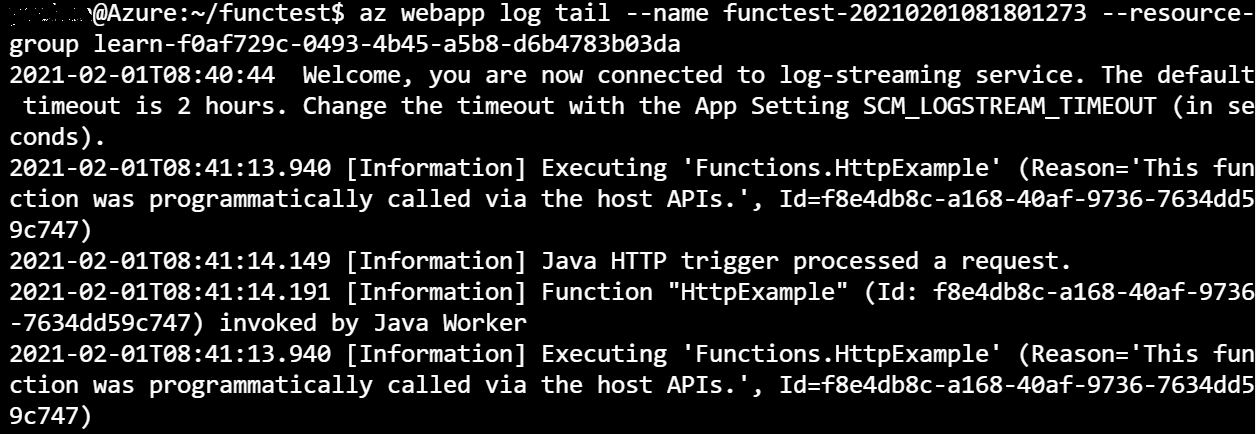 Image showing Log Streaming from Azure CLI.