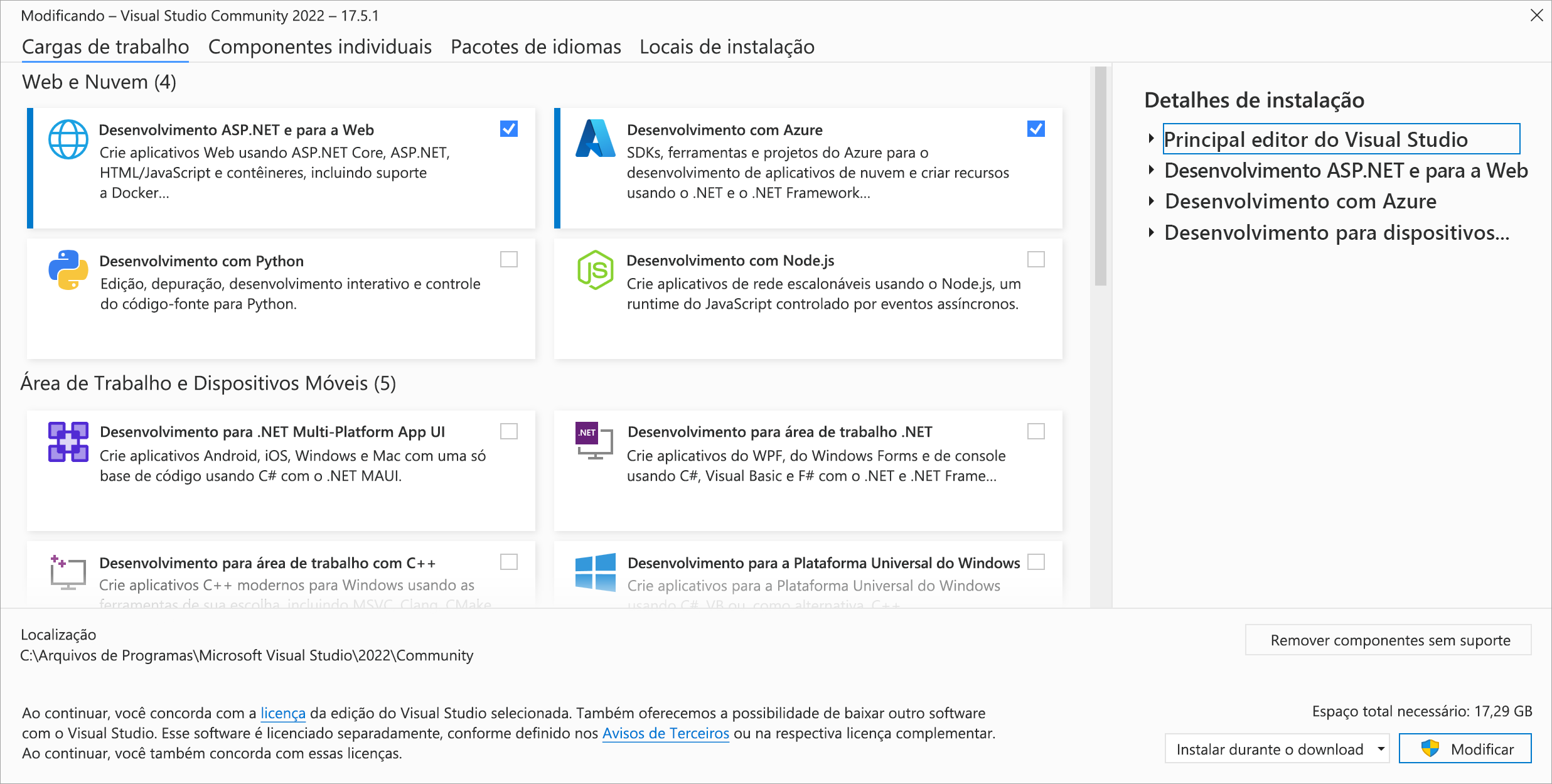 Captura de tela da guia Modificando as cargas de trabalho do Visual Studio Community 2022 com ASP.NET e desenvolvimento para a Web e desenvolvimento do Azure realçado.