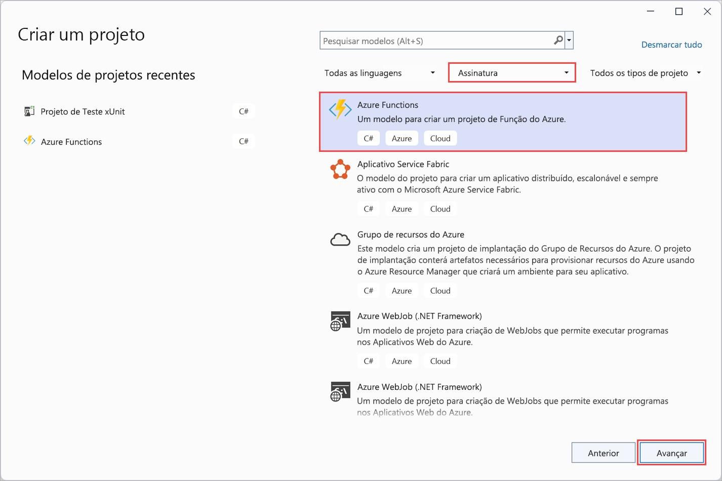 Captura de tela da página Criar um projeto do Visual Studio 2022, com o modelo do Azure Functions realçado.