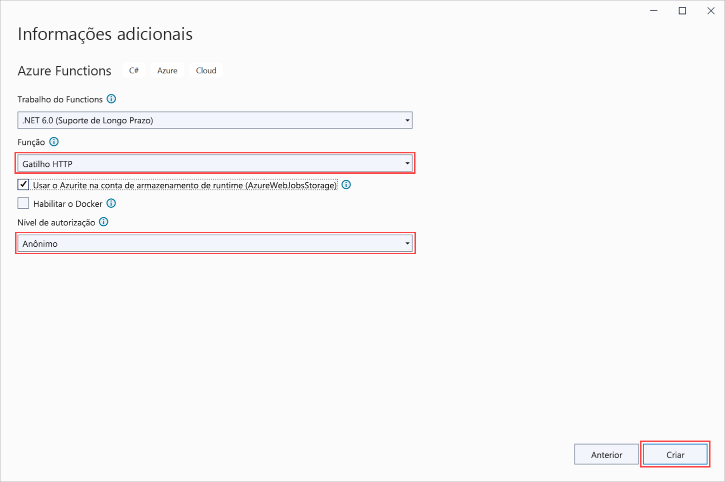 Captura de tela mostrando os gatilhos do Azure Functions, com Gatilho HTTP realçado.