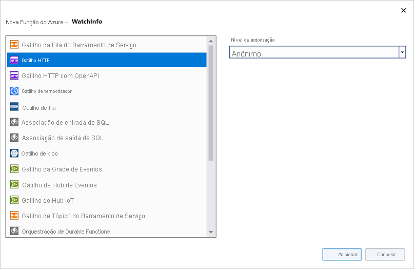 Captura de tela da janela Nova Função do Azure. O gatilho HTTP com direitos de acesso Anônimo está selecionado.