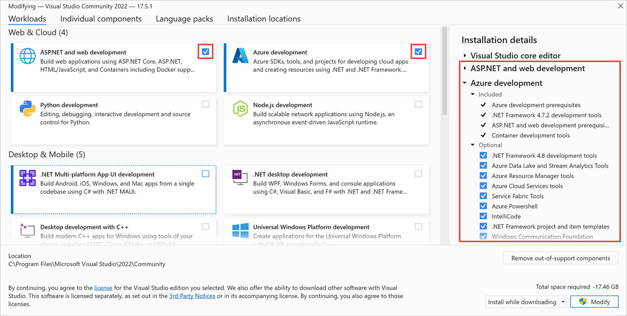 Captura de tela do Visual Studio 2022 com as cargas de trabalho do ASP.NET e de desenvolvimento para o Azure realçadas.