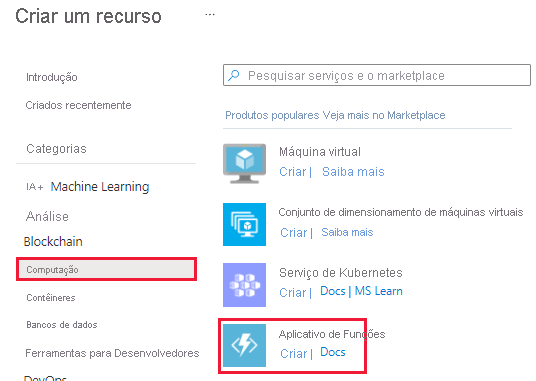 Captura de tela da categoria de computação e da opção de serviço de aplicativo de funções.