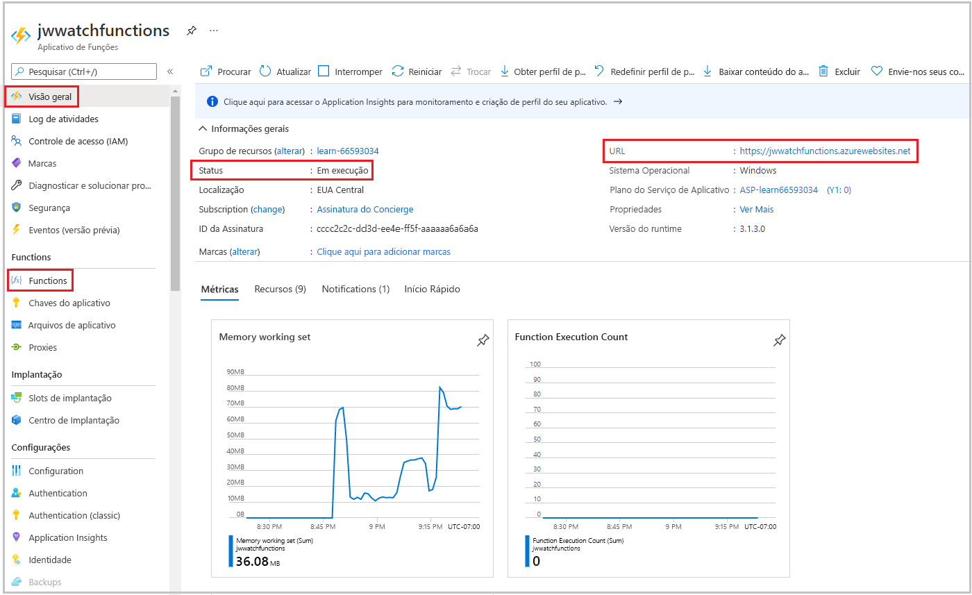 Captura de tela do painel aplicativo de funções do portal do Azure mostrando as funções 