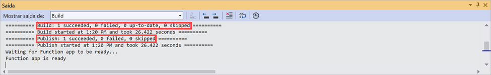 Captura de tela da janela Saída no Visual Studio. As duas mensagens finais indicam que as funções foram publicadas com sucesso.