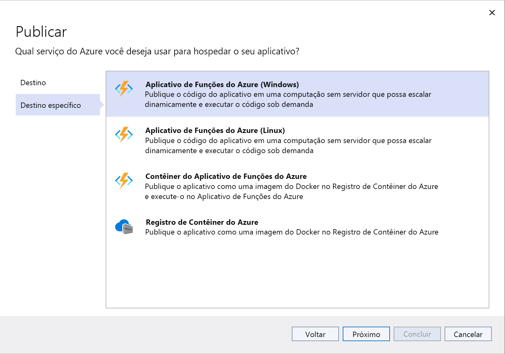 Captura de tela da janela Publicar destino específico com a opção Aplicativo de Funções do Azure (Windows) realçada.