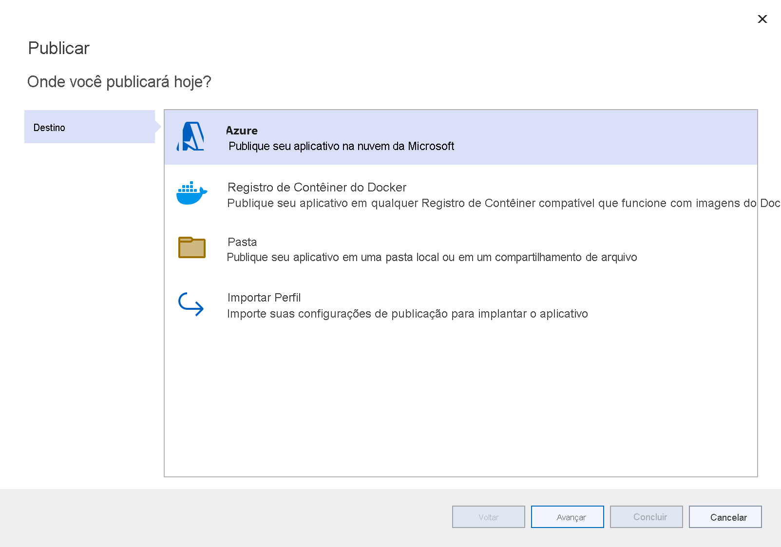 Captura de tela da janela Destino da publicação com a opção Azure realçada.