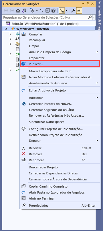 Captura de tela do Visual Studio mostrando a opção Publicar para o projeto WatchPortalFunctions.