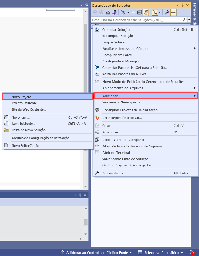 Captura de tela do Gerenciador de Soluções mostrando o comando Adicionar novo projeto à solução.