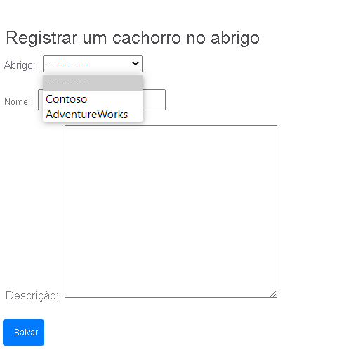 Captura de tela da página de registro do cão, com a lista suspensa Abrigo realçada.