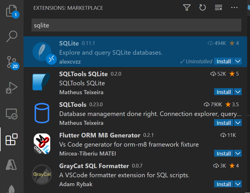 Captura de tela que mostra o painel Extensões com o SQLite.