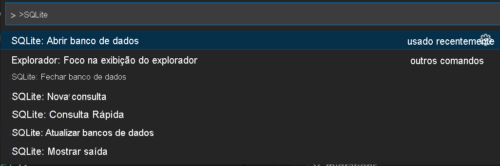 Captura de tela que mostra a paleta de comandos do SQLite.