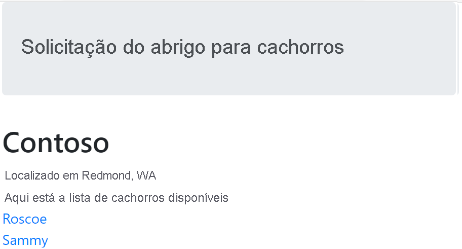 Captura de tela da página que mostra detalhes do abrigo Contoso, incluindo os dois cães Pedro e Nicolau.