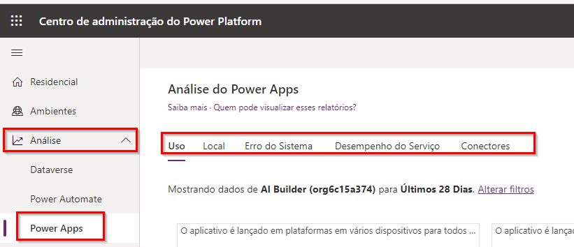 Captura de tela do painel de análise do Power Apps com Análise e Power Apps realçado no menu lateral esquerdo e as guias dos relatórios realçadas no painel.