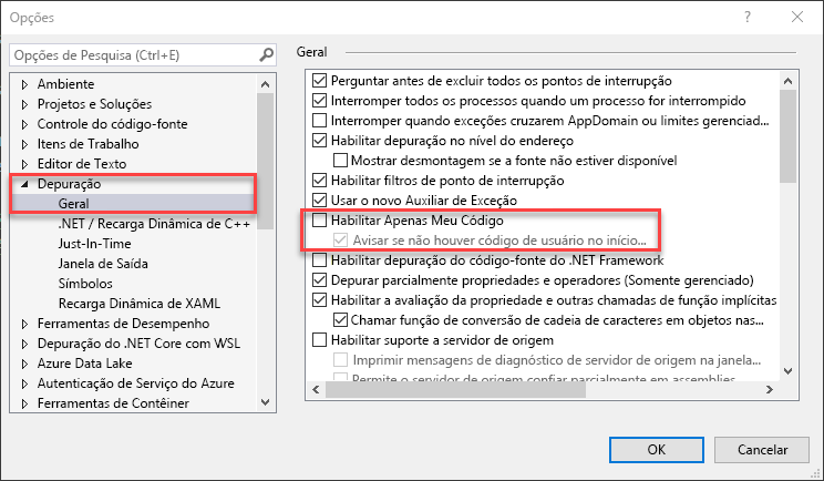 Uma captura de tela das configurações de depuração do Visual Studio.