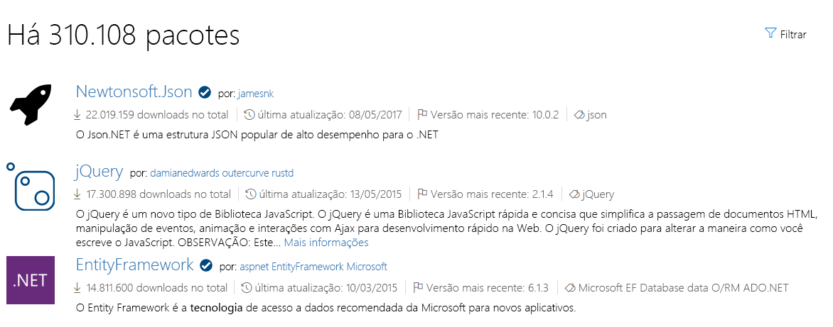 Captura de tela do NuGet.org mostrando uma lista de pacotes populares.