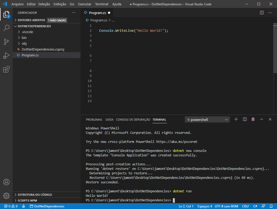 Captura de tela do Visual Studio Code com um novo aplicativo de console.