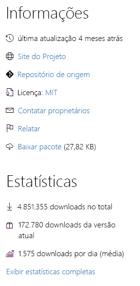 Captura de tela de informações e métricas em um pacote do NuGet.