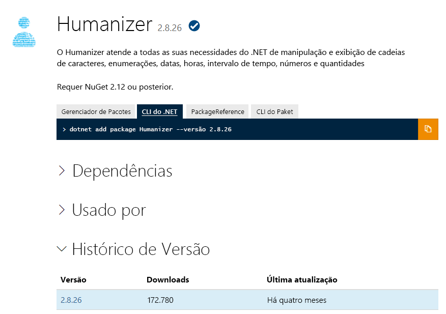 Captura de tela da página de aterrissagem para um pacote do NuGet.