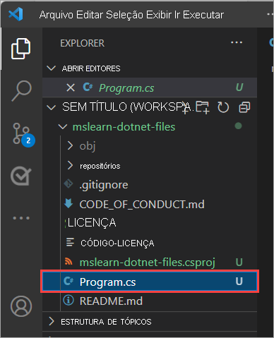 Uma captura de tela da janela do Explorer realçando o arquivo program.cs.