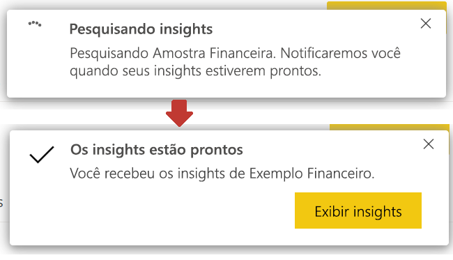 Captura de tela das mensagens Pesquisando insights e Os insights estão prontos.