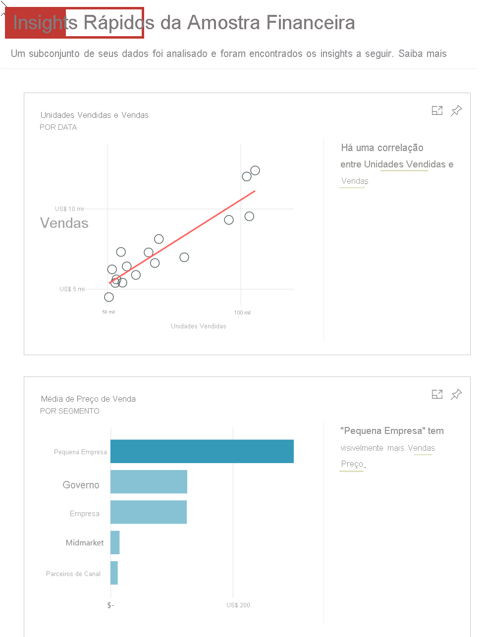 Captura de tela dos Insights Rápidos resultantes para o relatório de exemplo.