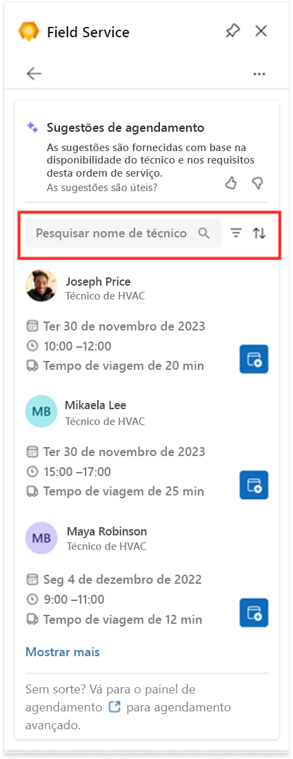 Captura de tela mostrando como agendar um técnico para uma ordem de serviço diretamente no Outlook.