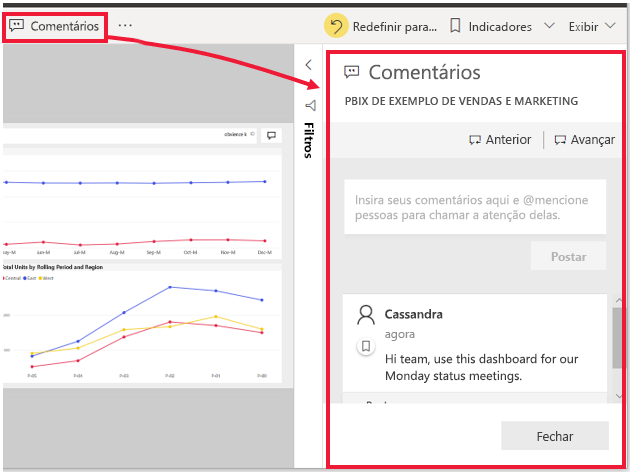 Captura de tela de um exemplo de dashboard compartilhado com um comentário.