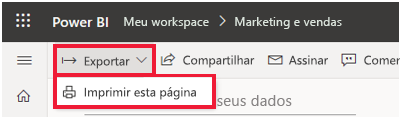 Captura de tela do menu Arquivo do Power BI expandida e Imprimir esta página realçado.