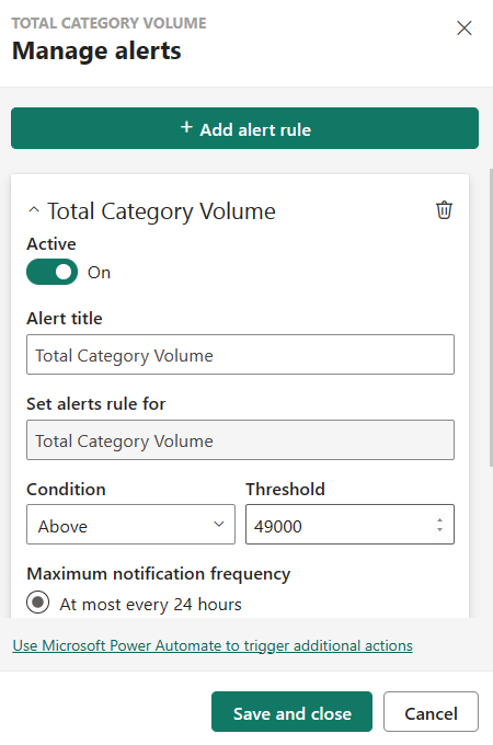 Captura de tela que mostra como adicionar uma regra de alerta.