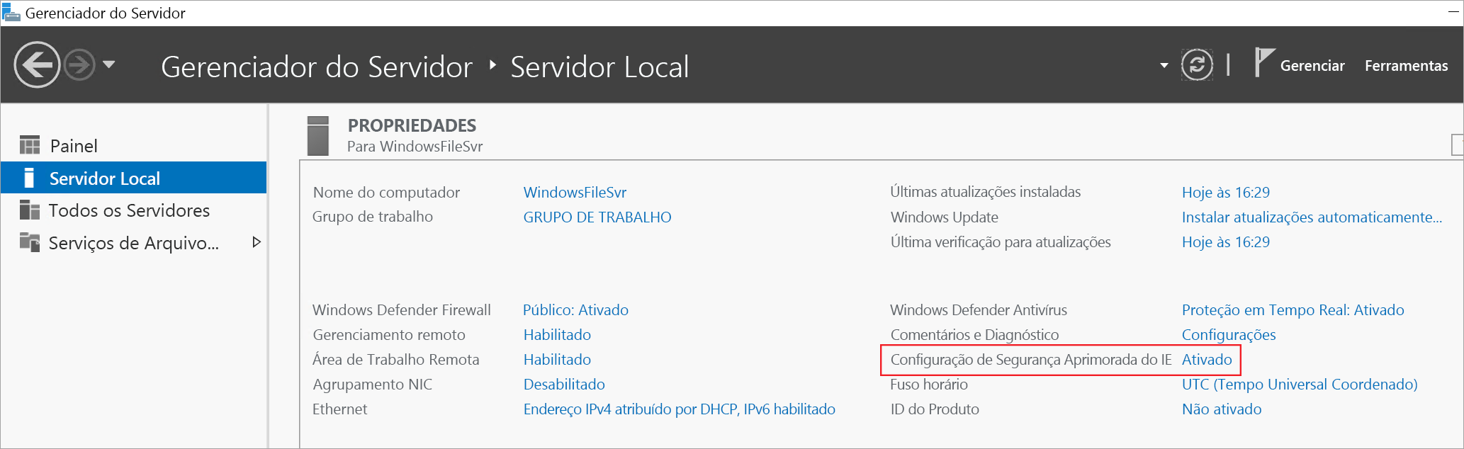 Captura de tela que exibe o botão Ativado para a Configuração de Segurança Aprimorada do IE.