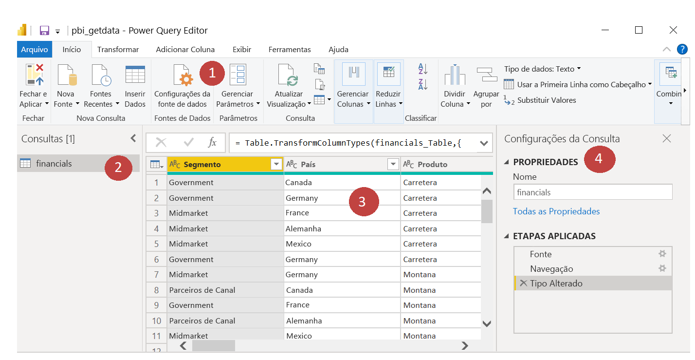 As quatro áreas da tela do Editor do Power Query.