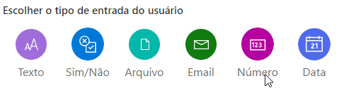 Captura de tela dos tipos de entrada de usuário: texto, sim/não, arquivo, email, número e data.