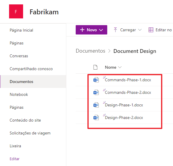 Captura de tela de uma lista dos mesmos arquivos no SharePoint.