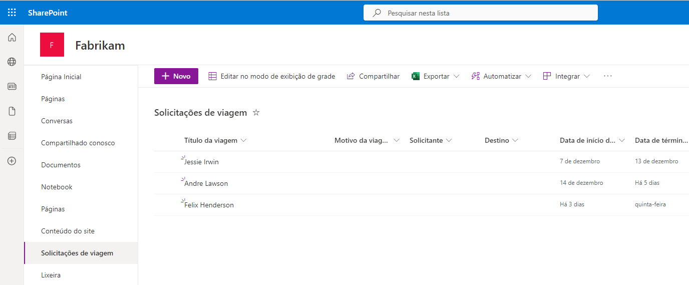 Captura de tela de uma lista de solicitações de férias no SharePoint.