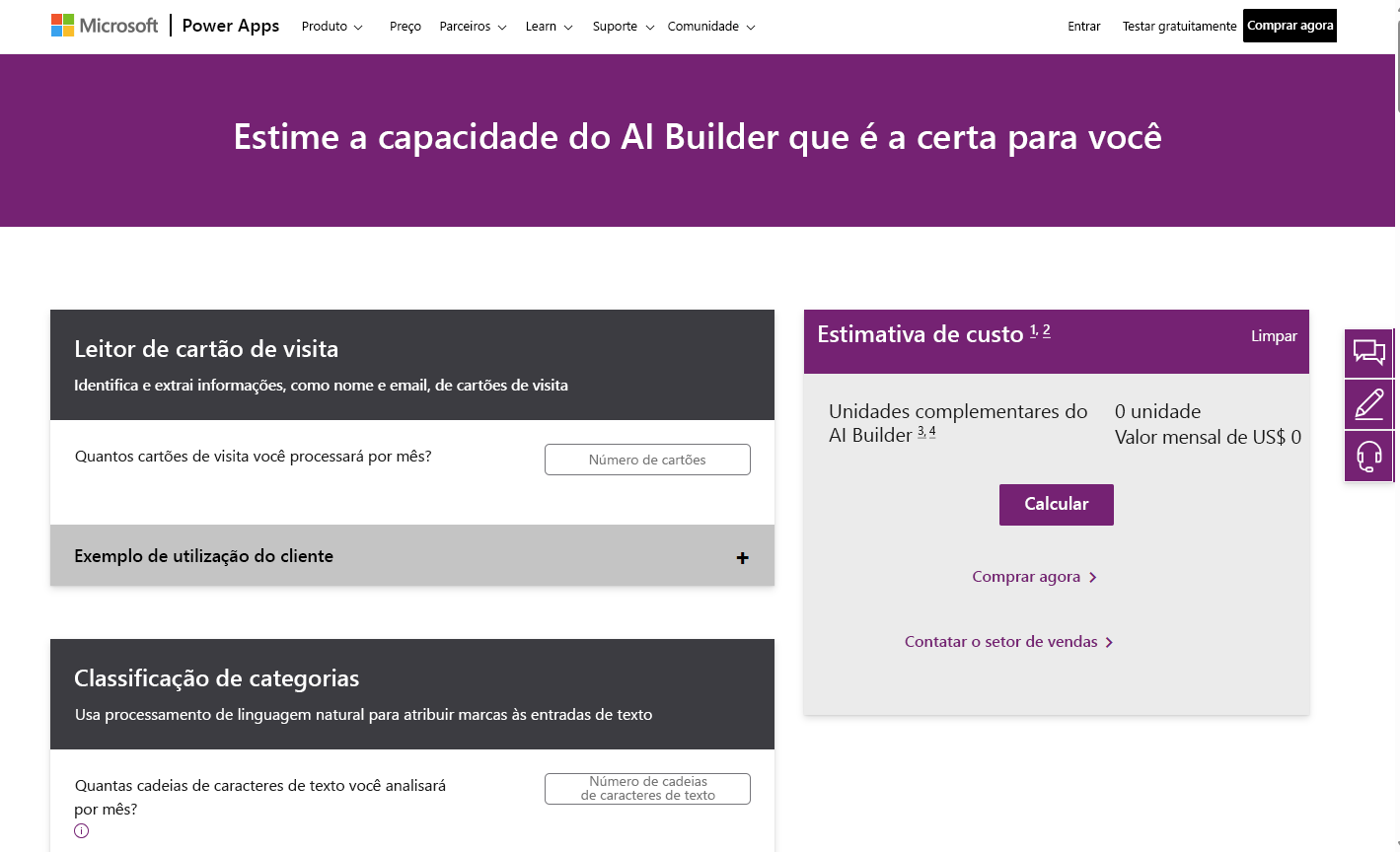 Captura de tela da página Calculadora do Power Apps AI Builder mostrando a estimativa de custo que permite calcular o custo das unidades de complemento do AI Builder.