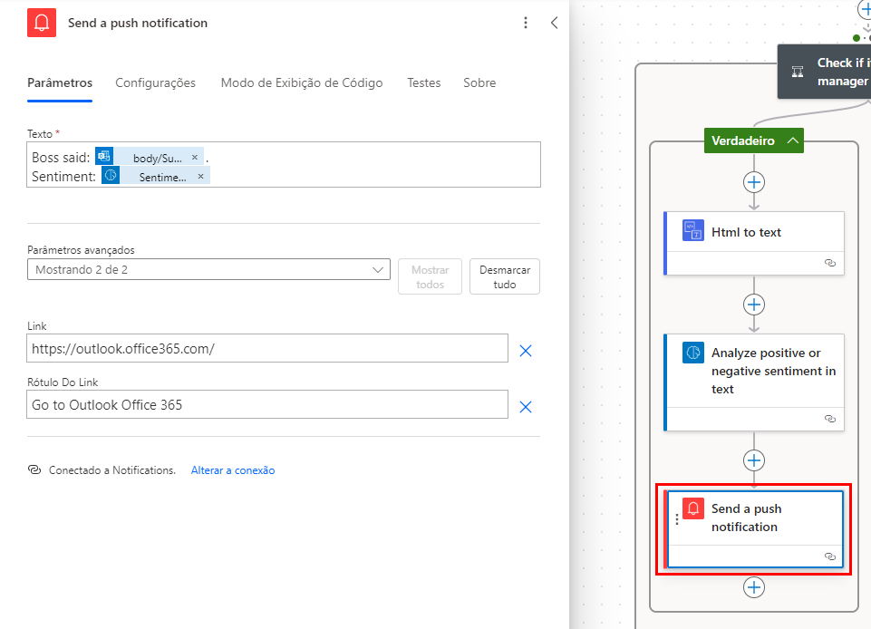 Captura de tela da seção Enviar uma notificação por push com o texto definido como Chefe disse: body/Subject. Sentimento: resultados da resposta.