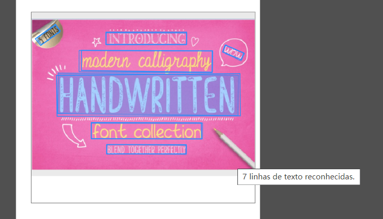 Captura de tela de uma imagem de exemplo com vários tipos de texto. 7 linhas de texto reconhecidas. Clique ou toque para escolher a imagem para reconhecimento de texto.