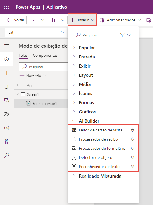 Captura de tela do menu do AI Builder expandido para revelar as opções Leitor de cartão de visita, Processador de formulário, Detector de objetos e Reconhecimento de texto.