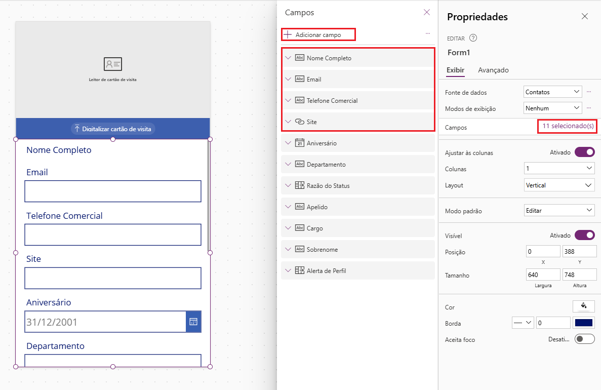 Captura de tela do painel Campos de formulário com o botão Adicionar campo selecionado e uma caixa ao redor dos quatro campos na parte superior do formulário listado acima.