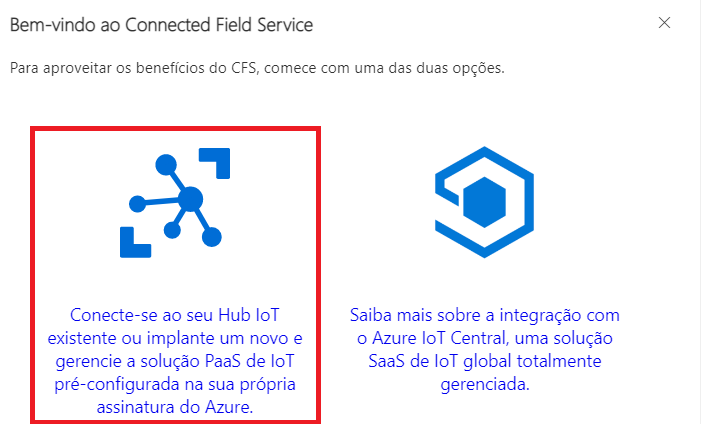 Captura de tela de Integrar ao Hub IoT existente ou implantar um novo e gerenciar a solução PaaS de IoT pré-configurada a partir de sua própria opção de assinatura do Azure.