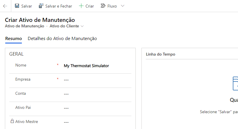 Captura de tela de Meu Simulador de Termostato como o Nome e A. Datum definido como a Conta.