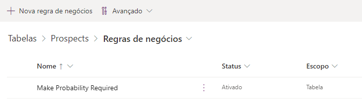 Captura de tela do gráfico de regras de negócios mostrando sua nova regra: Tornar a Probabilidade Obrigatória. O nome da tabela Cliente Potencial está realçado.