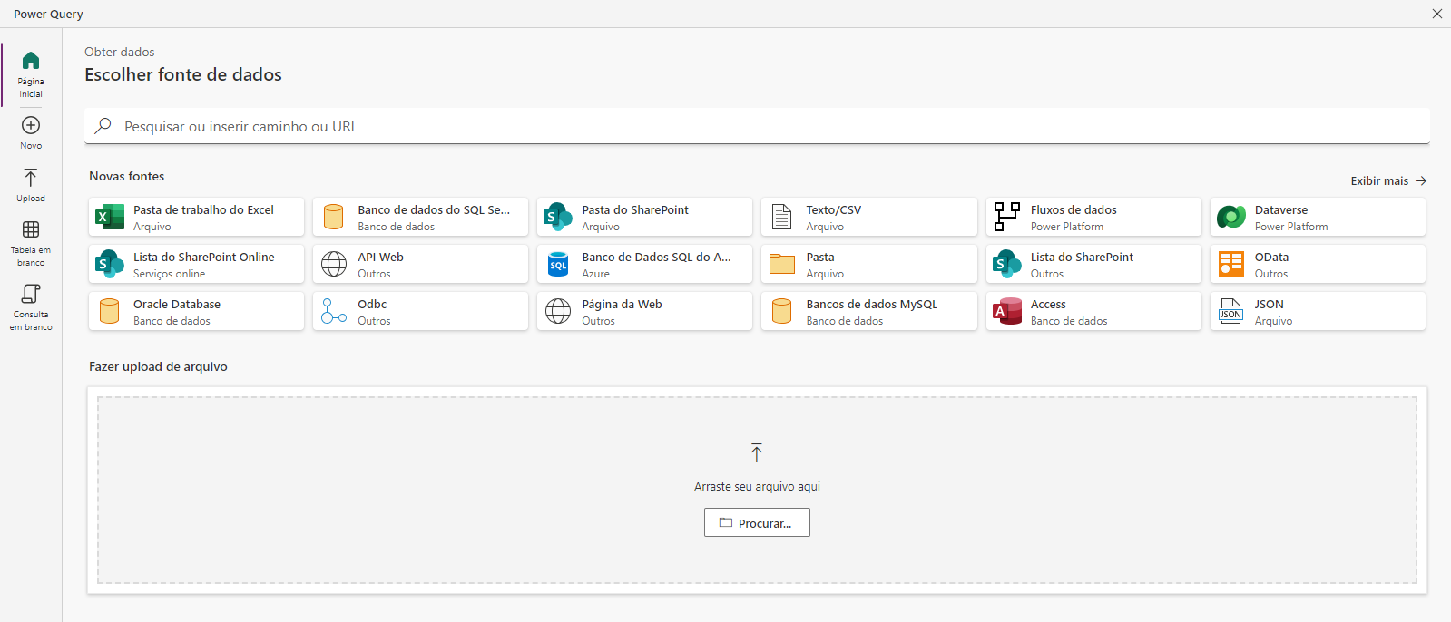 Captura de tela da janela do Power Query Escolha a fonte de dados mostrando as várias opções para se conectar aos dados.