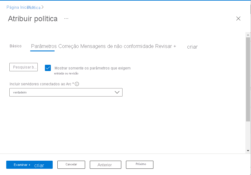 Captura de tela mostrando a página de atribuição de parâmetro do Azure Policy.